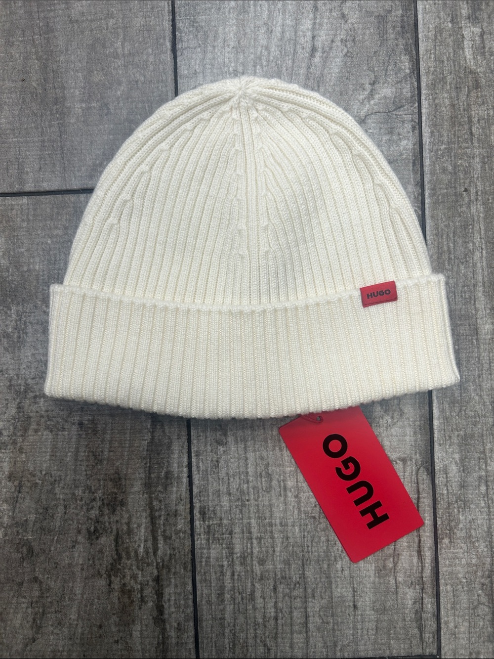 100% Authentic HUGO Men's Cream Ribbed Knit Beanie NWT